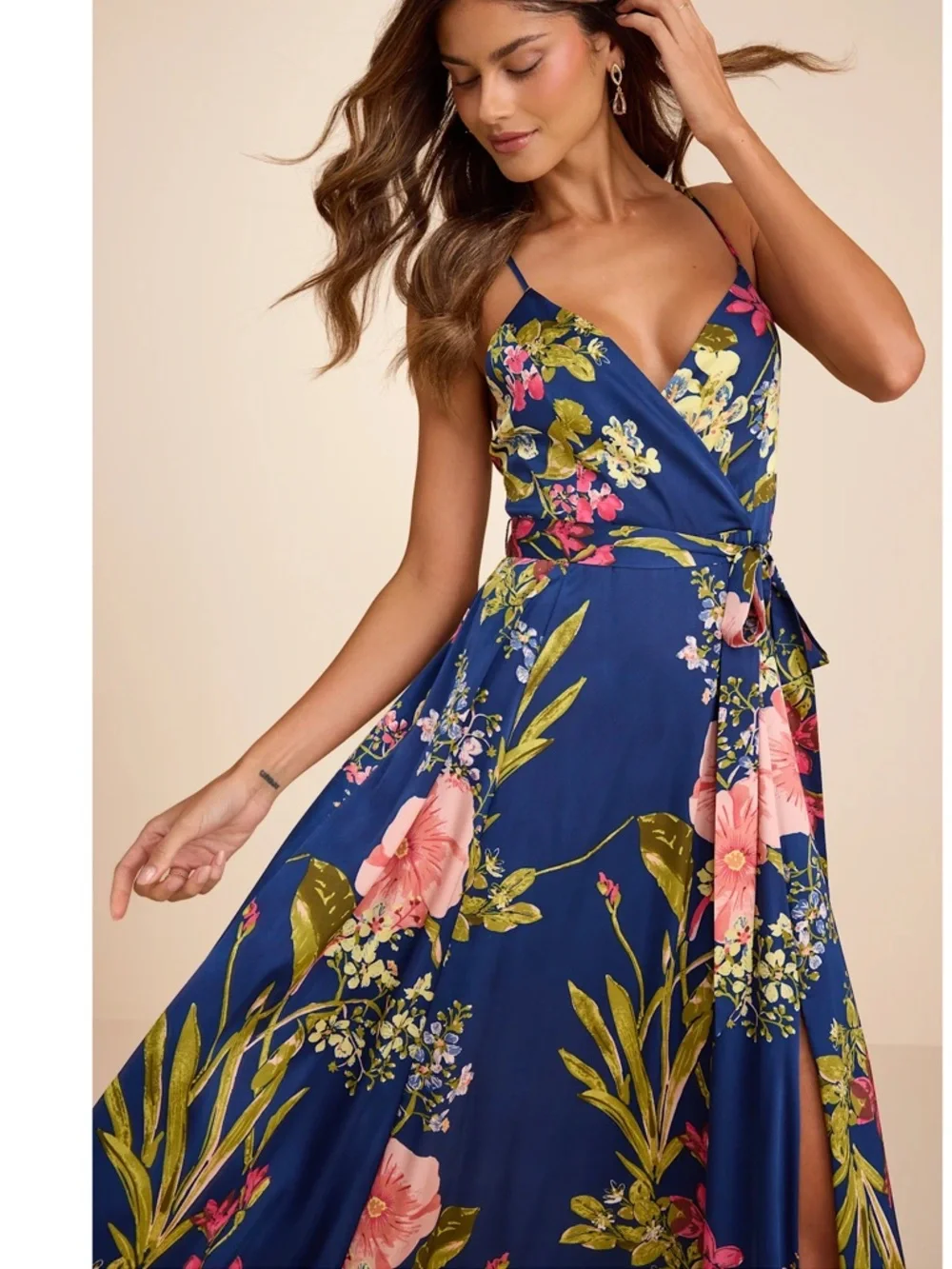 NWT Lulu’s Still the One Blue Floral Print Satin Maxi Dress Extra Small Chic
